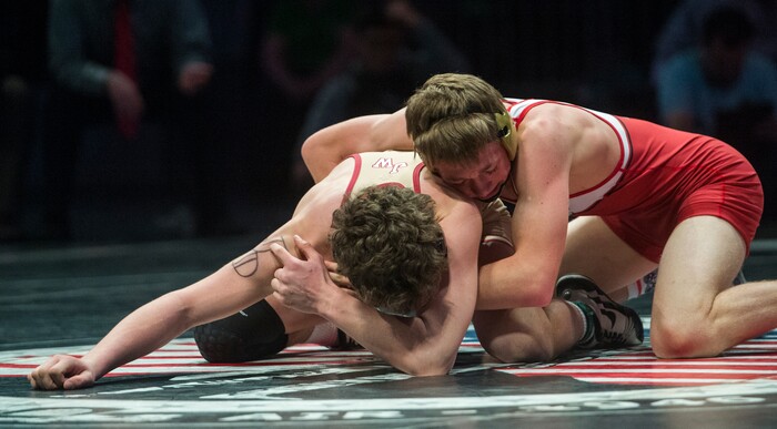 (Rick Egan  |  The Salt Lake Tribune)   Cade Bowring (Juab) wrestles Cannon Fuellenbach (South Sevier), in the 138 weight class, in the 3A State Wrestling Championship at UVU in Orem, Saturday, February 10, 2018.