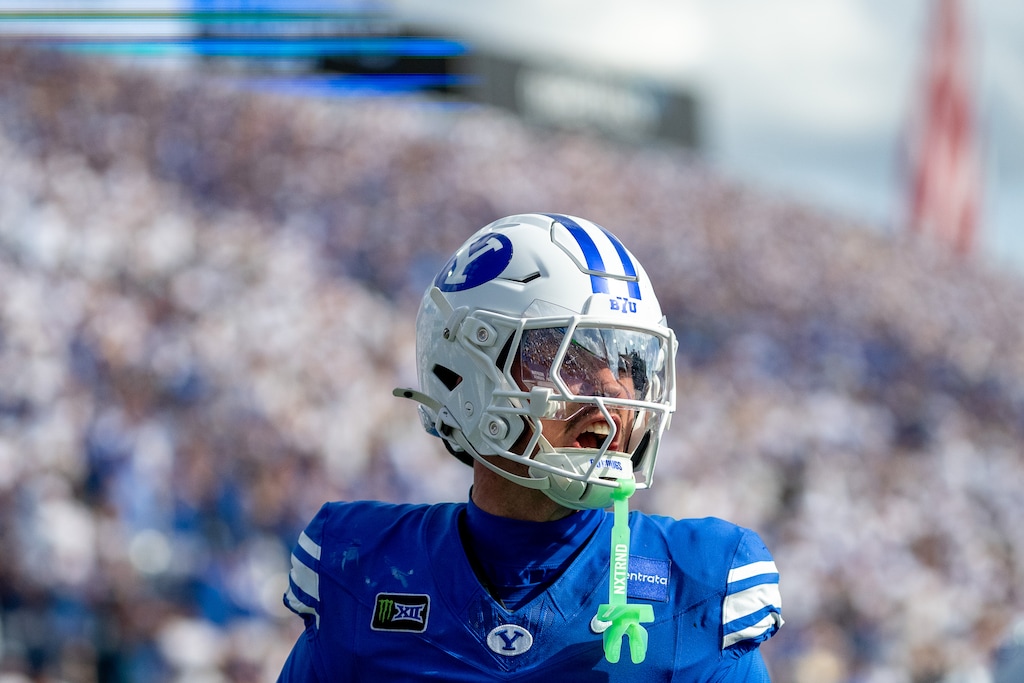 (Trent Nelson  |  The Salt Lake Tribune) BYU Cougars wide receiver Kyler Kasper (3) celebrates a touchdown as BYU hosts Arizona, NCAA football in Provo on Saturday, Sept. 12, 2026.