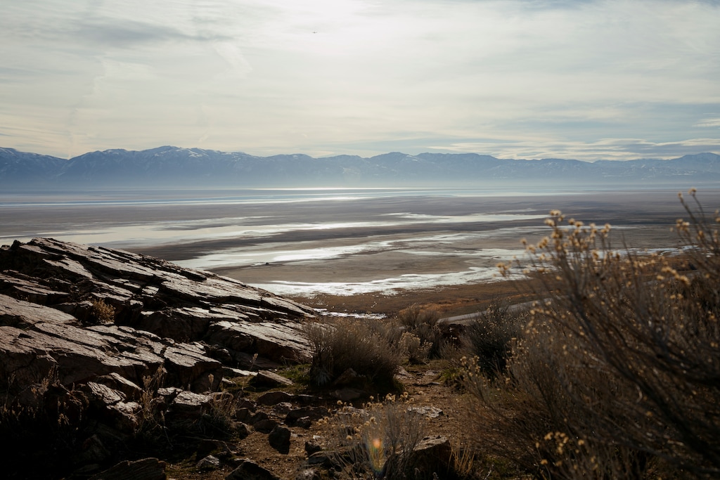 (Bryan Tarnowski |  New York Times file photo) The shrinking Great Salt Lake, seen from Antelope Island State Park in Utah on March 15, 2022. The level of the Great Salt Lake is higher than in past years, but still low.