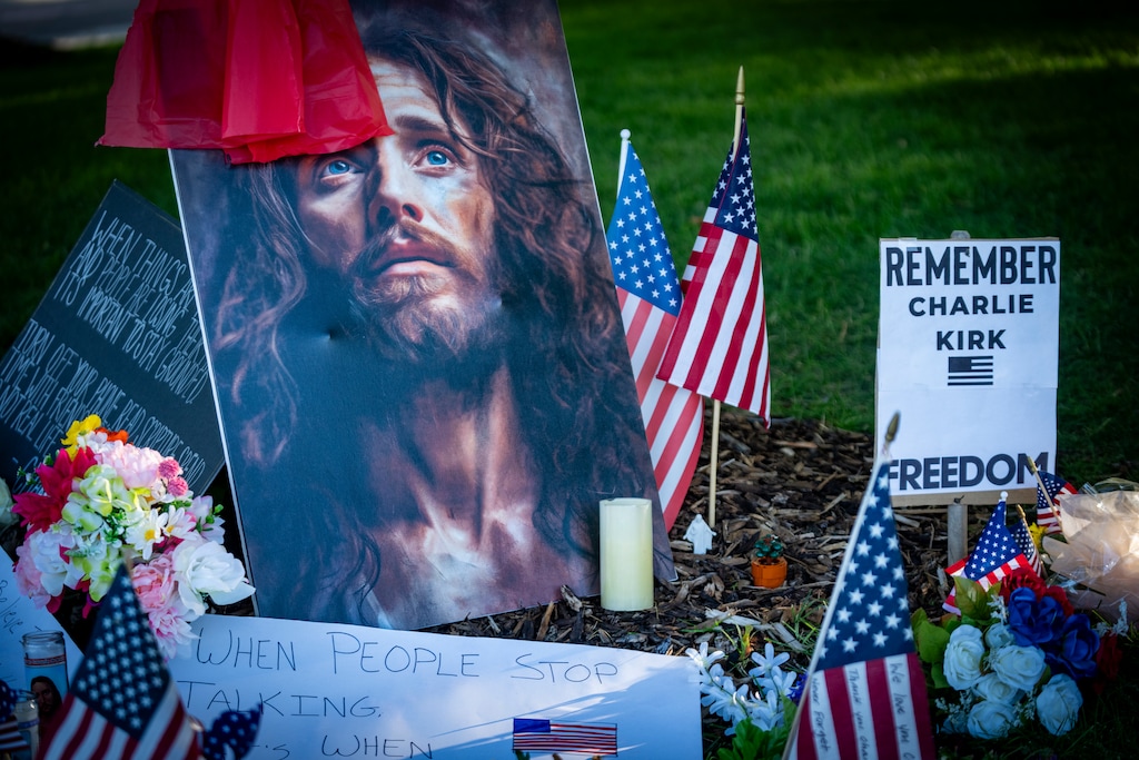 (Rick Egan | The Salt Lake Tribune) Memorials for Charlie Kirk on the Utah Valley University campus on Wednesday, Sept. 17, 2025.