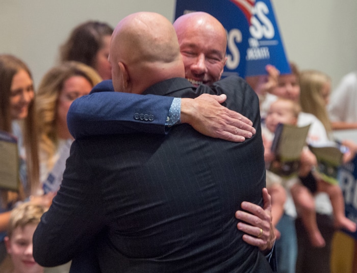 (Rick Egan  |  The Salt Lake Tribune)  
Former Salt Lake City police Chief Chris Burbank hugs Fred Ross on Saturday, Aug. 12, 2017, after endorsing him as a candidate for Salt Lake County sheriff.
