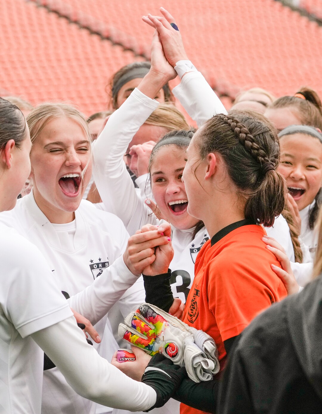 (Leah Hogsten | The Salt Lake Tribune)  Ogden celebrates goalie Emily Blackford, crediting her with the win and shouting "MVP." Ogden High School defeated Morgan High School, 1-0, to win the 3A State Soccer Championship game Oct. 23, 2021 at Rio Tinto Stadium.