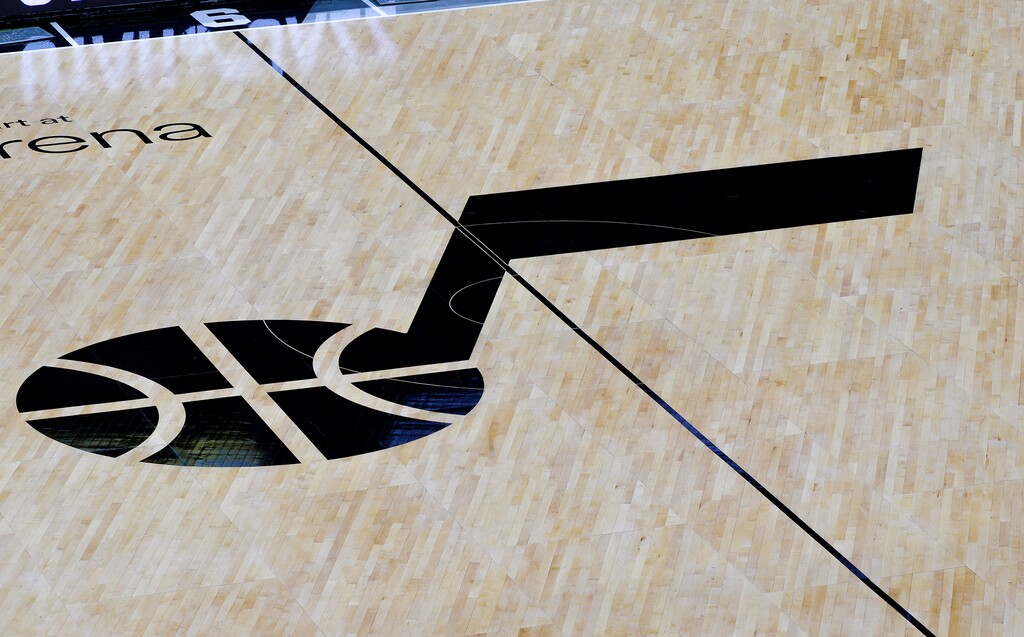 (Chris Samuels | The Salt Lake Tribune) The new Utah Jazz court design at Vivint Arena features wood angled to match the “J” note in Salt Lake City, Tuesday, Oct. 11, 2022.