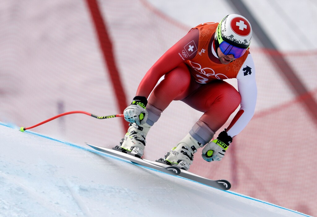 Switzerland's Beat Feuz competes in men's downhill training at the 2018 Winter Olympics in Jeongseon, South Korea, Saturday, Feb. 10, 2018. (AP Photo/Luca Bruno)