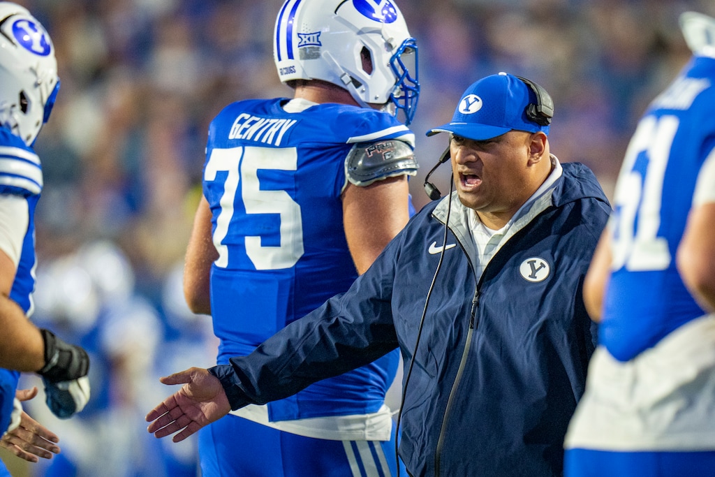 (Rick Egan | The Salt Lake Tribune) BYU Cougars head coach Kalani Sitake congratulates his team as they leave field with a 21 point lead in the 4th quarter, in  Big-12 football action between the BYU Cougars the West Virginia Mountaineers at Lavell Edwards Stadium in Provo, on, in Friday, Oct. 3, 2025.