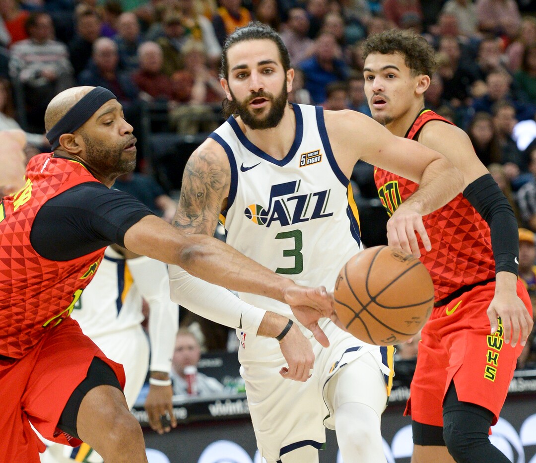 Leah Hogsten  |  The Salt Lake Tribune  Utah Jazz guard Ricky Rubio (3) holds possession as Atlanta Hawks guard Kevin Huerter (3) tries to steal as the Utah Jazz take on the Atlanta Hawks, Feb. 1, 2019 at Vivint Smart Home Arena. 