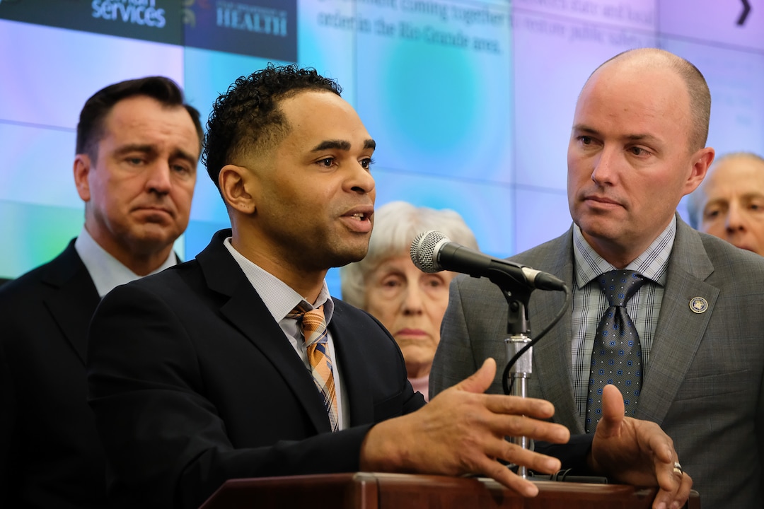 (Francisco Kjolseth  |  The Salt Lake Tribune)  Rich Deprez, a recovering addict who found himself pulled back in to drugs, talks about turning his life around with the help of Operation Rio Grande, which began six months ago. Surrounded by State and local officials Deprez nervously found the courage to speak during a press event at the Utah Capitol on Monday, Feb. 5, 2018, as officials gave an update to the recent changes.