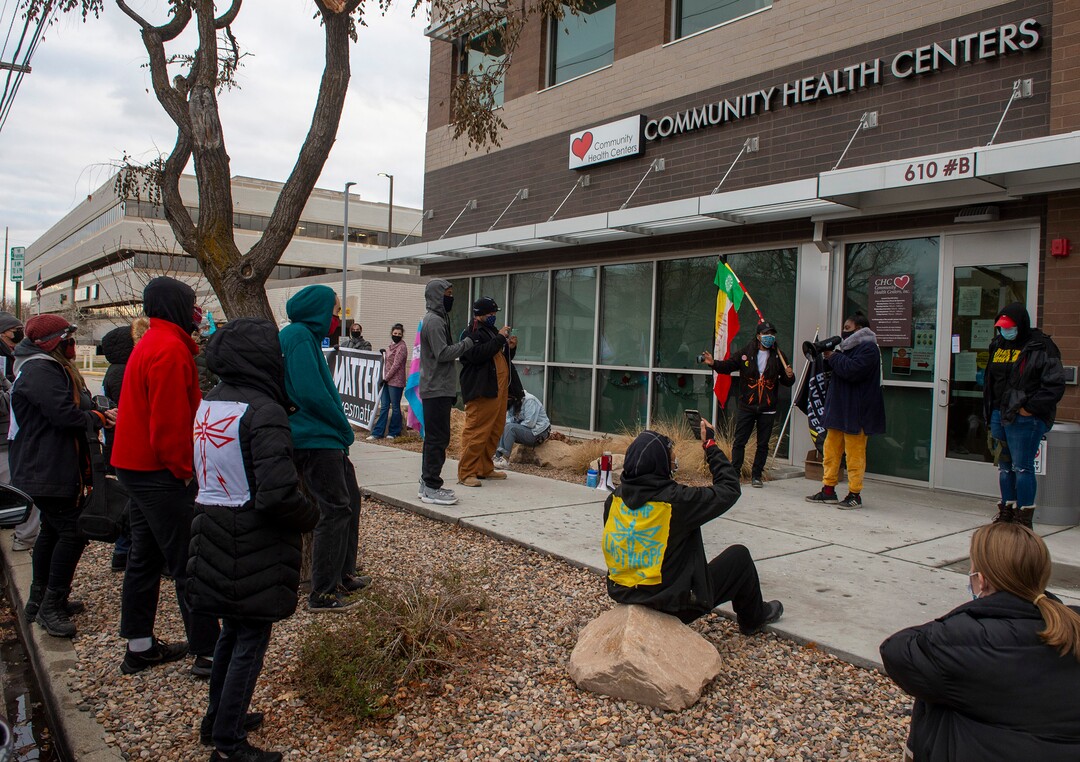 (Rick Egan | The Salt Lake Tribune) More than 100 Black Lives Matter and other groups protest the way the health department has been forcing people experiencing homelessness to move in the middle of a pandemic and the coldest time of the year, in front of the Salt Lake Public Health Center onFriday, Dec. 18, 2020.