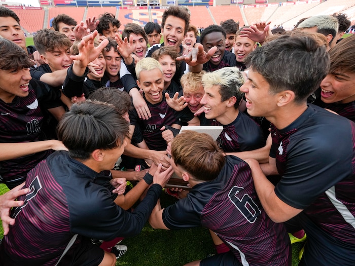 (Leah Hogsten | The Salt Lake Tribune) Layton Christian Academy celebrates the 3A State Soccer Championship title at Rio Tinto Stadium, Wednesday, May 11, 2022. Layton Christian Academy defeated Real Salt Lake Academy 4-0. 