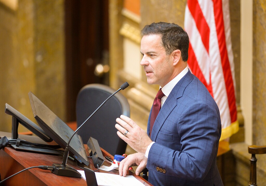 (Chris Samuels | The Salt Lake Tribune) House Speaker Brad Wilson, R-Kaysville, makes remarks on the first day of the Legislative session, Tuesday, Jan. 17, 2023.