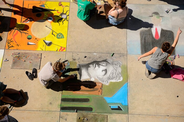 (Trent Nelson | The Salt Lake Tribune)  Alta High School's annual "Chalk the Walk" event, a school tradition since 1985 in which students recreate famous art works in sidewalk chalk, Friday May 25, 2018.