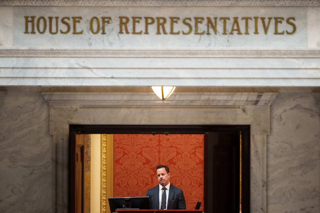 (Trent Nelson  |  The Salt Lake Tribune) House Speaker Brad Wilson, R-Kaysville,  in the House Chamber at the Capitol in Salt Lake City on Tuesday, Feb. 7, 2023.