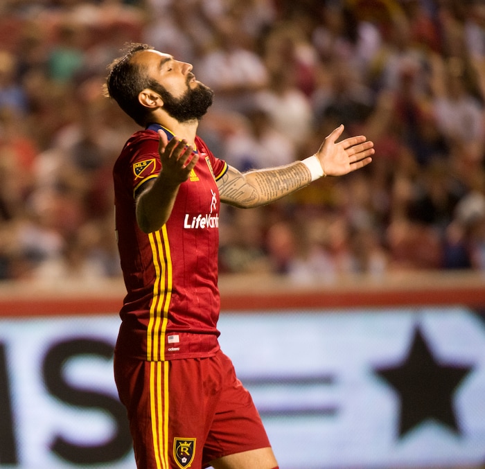 (Rick Egan | The Salt Lake Tribune) Real Salt Lake forward Yura Movsisyan (14) reacts after narrowly missing a goal, in MLS action, Real Salt Lake Vs. Houston Dynamo, in Sandy, Saturday, August 5, 2017.