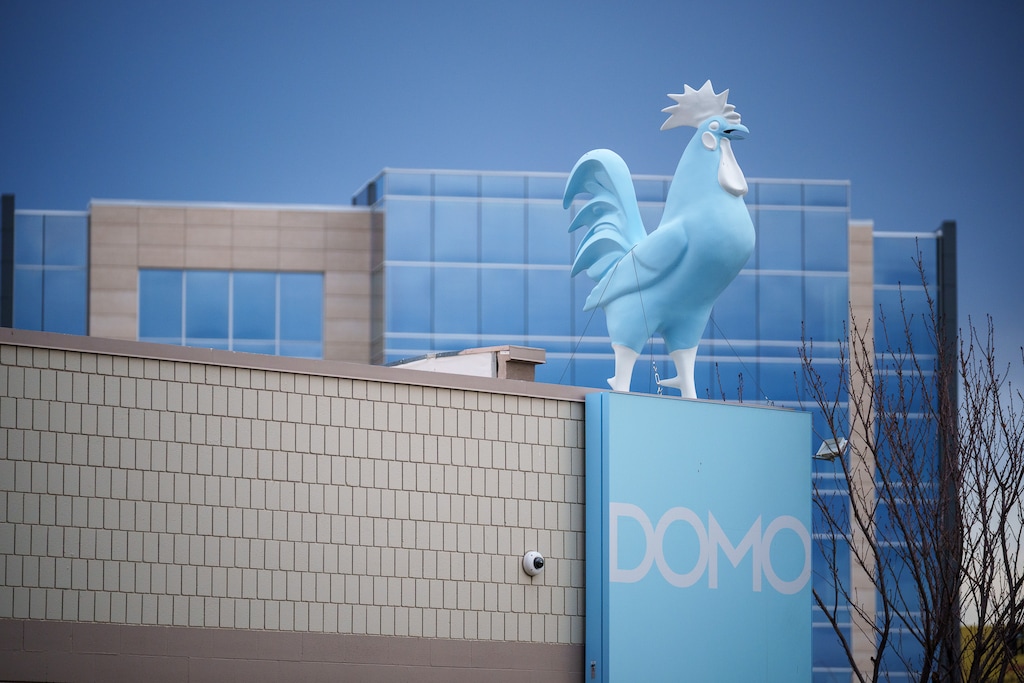 (Trent Nelson  |  The Salt Lake Tribune) A large rooster on the roof of one of DOMO's offices in American Fork, where 175 workers were laid off after the Utah County business analytics company changed hands.