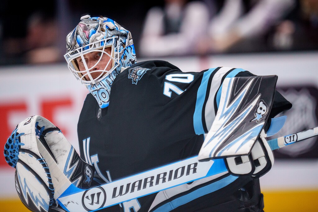(Trent Nelson  |  The Salt Lake Tribune) Utah Hockey Club goaltender Karel Vejmelka (70) as Utah Hockey Club hosts the Anaheim Ducks, NHL hockey in Salt Lake City on Wednesday, March 12, 2025.