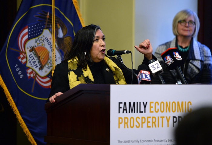 (Scott Sommerdorf   |  The Salt Lake Tribune)  
Rep. Rebecca Chavez-Houck, D-Salt Lake, speaks during the Family Economic Prosperity Priorities press conference, Thursday, January 25, 2018.