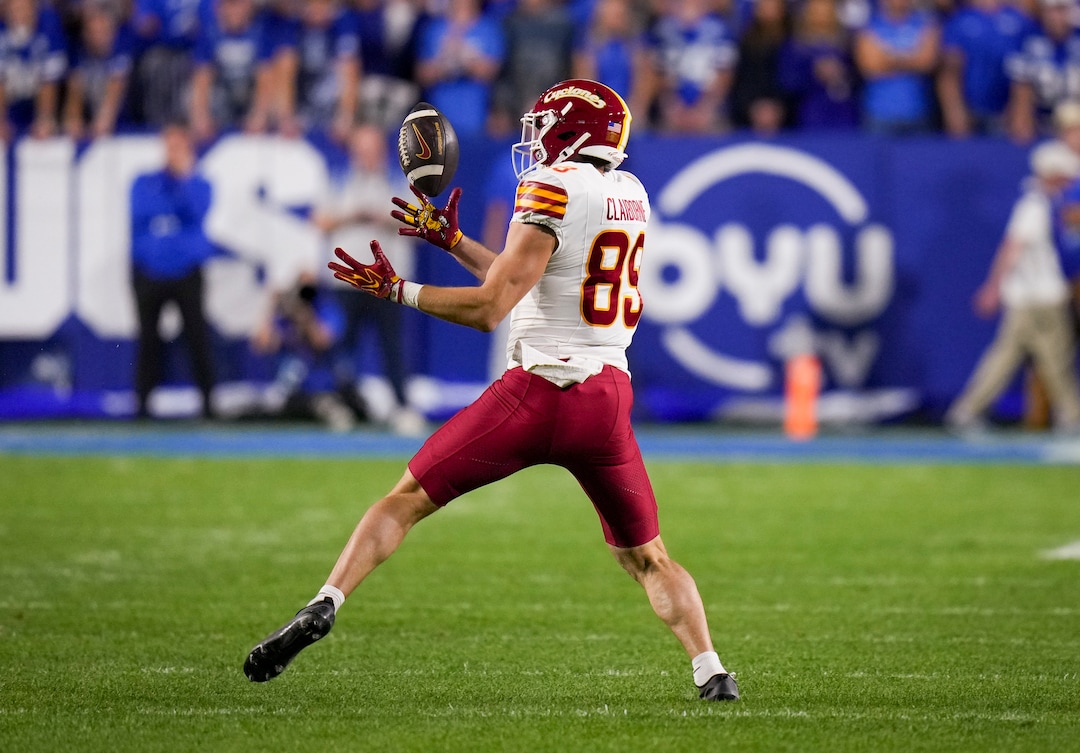(Bethany Baker  |  The Salt Lake Tribune) Iowa State Cyclones wide receiver Ty Claiborne (89) reaches for the ball during the game between the BYU Cougars and the Iowa State Cyclones in Provo on Friday, Oct. 9, 2026.