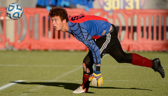(Trent Nelson | The Salt Lake Tribune)  Judge Memorial faces Morgan High School in the 3A state championship game, Saturday May 12, 2018. Morgan goalkeeper Trek Loveridge.