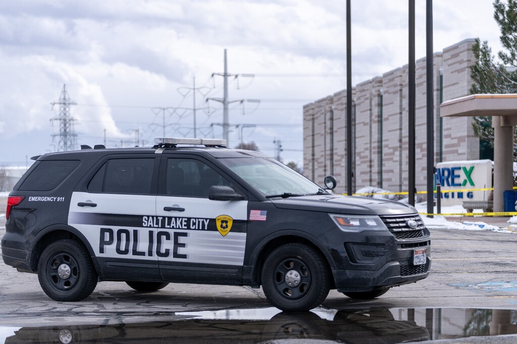 (Salt Lake City Police Department) Salt Lake City police investigate a workplace shooting that left two men dead on Sunday, March 3, 2024.