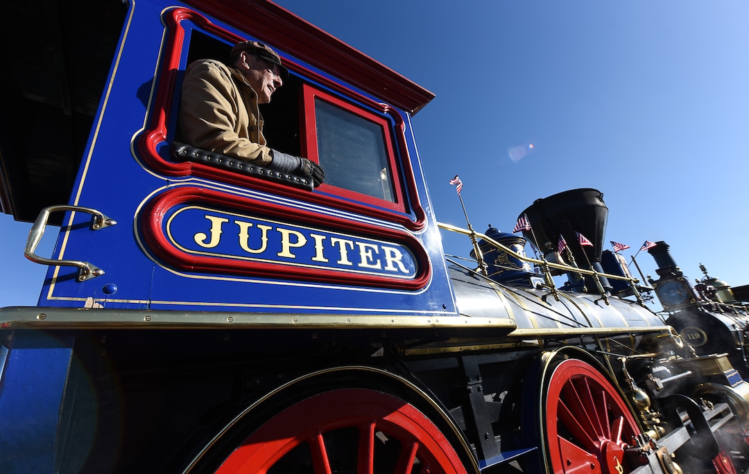 (Francisco Kjolseth  |  The Salt Lake Tribune)  Mike Tomany of Brigham City volunteers his time as a fireman on Jupiter on Friday May 10, 2019, in celebration of the 150th anniversary of the completion of the transcontinental railroad at Promontory Summit where the two rails met back on May 10, 1869.