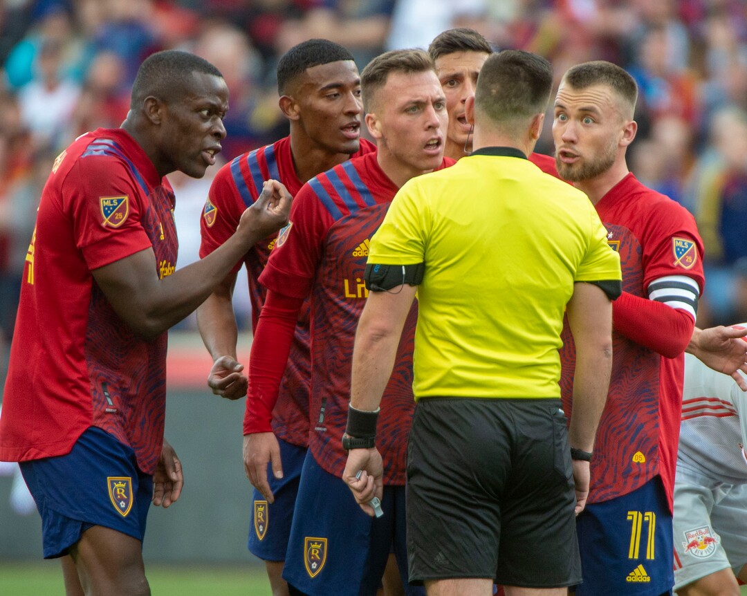 (Rick Egan  |  The Salt Lake Tribune)   Real Salt Lake plead with the official, as New York Red Bulls midfielder Cristian Casseres Jr (23) takes his time getting up, in MLS acton between Real Salt Lake and the New York Red Bulls at Rio Tinto Stadium, Saturday, March 7, 2020.