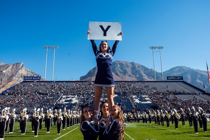 (Chris Detrick  |  The Salt Lake Tribune)  The BYU marching band and cheerleaders perform before the game against San Jose State at LaVell Edwards Stadium Saturday, October 28, 2017.  