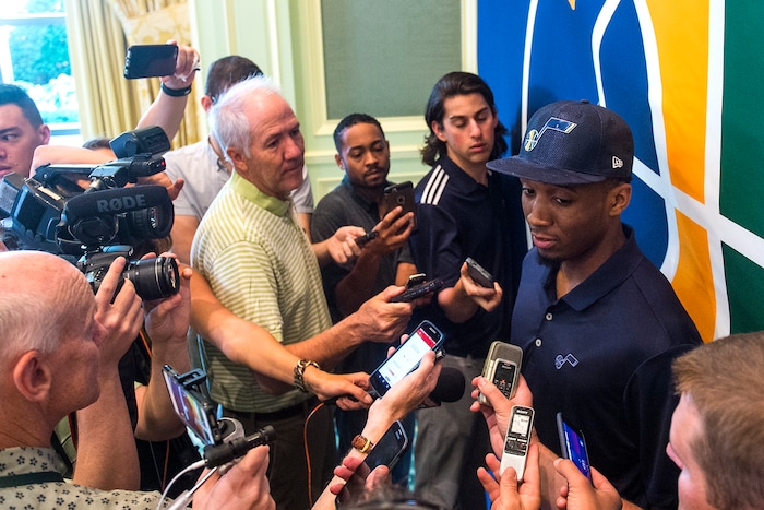 Chris Detrick  |  The Salt Lake Tribune
Utah Jazz's Donovan Mitchell talks with members of the media at The Grand America Hotel Wednesday, June 28, 2017. 