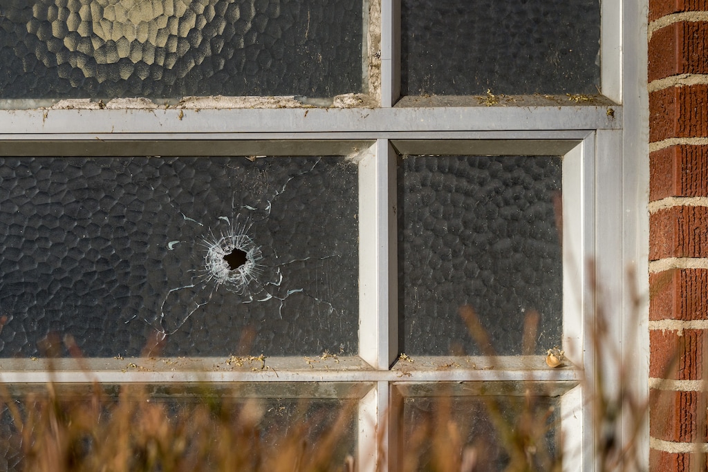 (Trent Nelson | The Salt Lake Tribune) A bullet hole in the window of the bishop's office at a meetinghouse of The Church of Jesus Christ of Latter-day Saints the day after a shooting in the Jordan Meadows neighborhood of Salt Lake City on Thursday, Jan. 8, 2026.