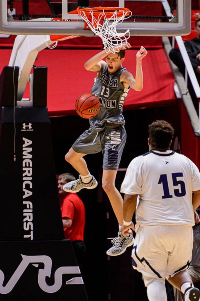 (Trent Nelson | The Salt Lake Tribune)  Box Elder vs. Corner Canyon, 5A State high school basketball tournament at the Huntsman Center in Salt Lake City, Wednesday Feb. 28, 2018. Corner Canyon's Hayden Welling (13) dunks.