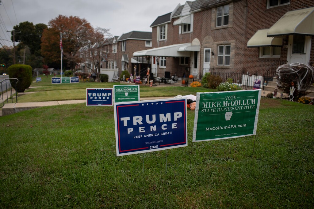 (Robert Bumsted | AP file photo)  Campaign signs to reelect Donald Trump for president adorn the yards of many homes in the Philadelphia suburb of Chester, Pa., on Wednesday, Oct. 28, 2020.