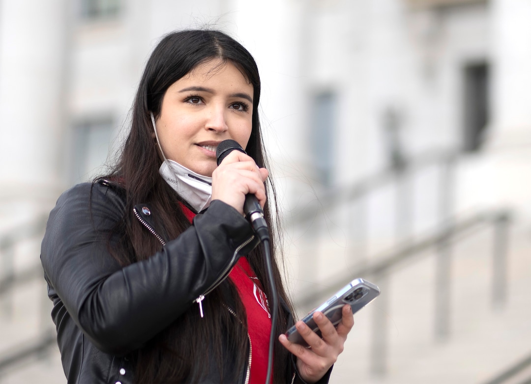 (Rick Egan | The Salt Lake Tribune)  Ermiya Sanaeian speaks during a rally on the steps of the Capitol to speak out against Rep. Kera Birkeland's transgender sports bill, on Friday, Feb. 25, 2022.