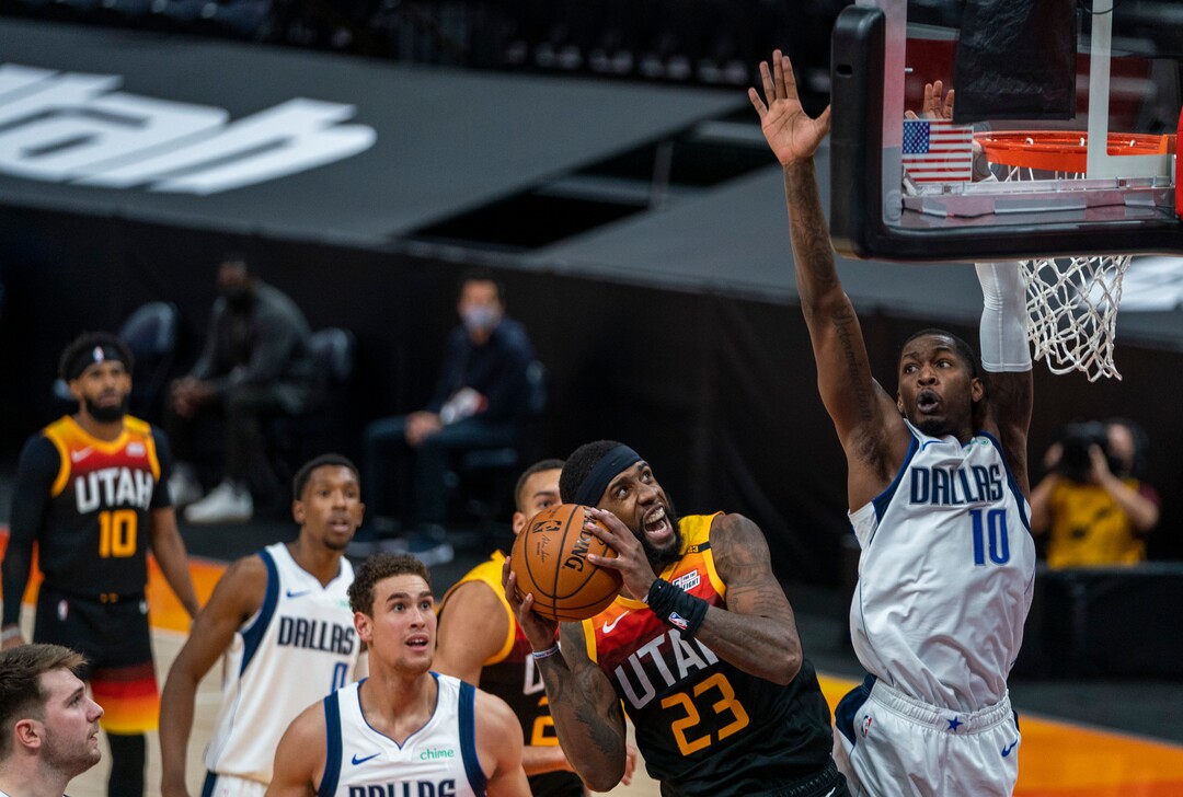 (Rick Egan | The Salt Lake Tribune) Utah Jazz forward Royce O'Neale (23) goes up for a shot as Dallas Mavericks forward Dorian Finney-Smith (10) defends, in NBA action between the Utah Jazz and the Dallas Mavericks at Vivint Arena, on Friday, Jan. 29, 2021.