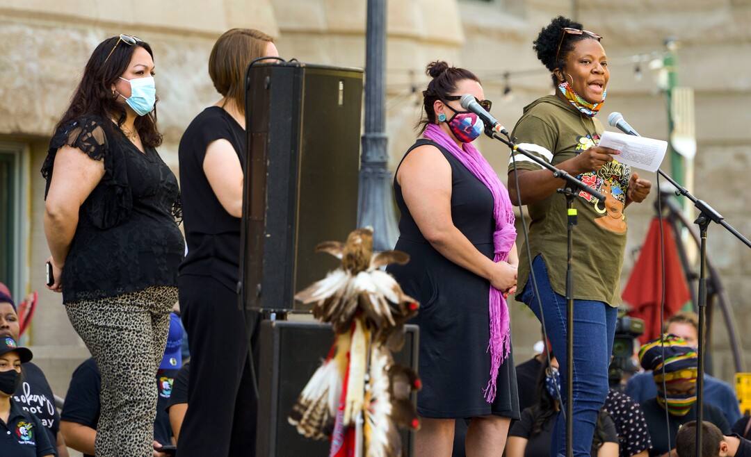 (Leah Hogsten  |  The Salt Lake Tribune) l-r Sen. Luz Escamilla, D-Salt Lake City, Rep. Angela Romero, D-Salt Lake City and Rep. Sandra Hollins, D-Salt Lake City spoke to the crowd on Sunday.  Over 1,000 Pride for Black Lives Matter supporters rallied at Liberty Park, Sunday, June 14, 2020 for over three hours before marching throughout Salt Lake City to join the Las Vidas Negras Importan Rally at Washington Square.