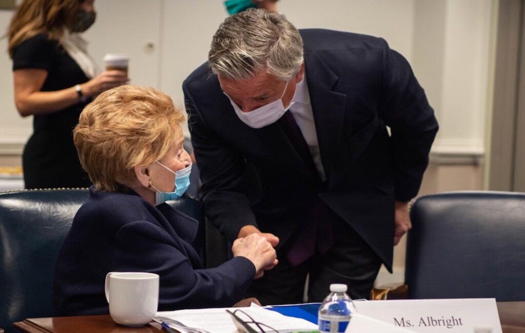 (Photo courtesy Jon Huntsman) Former Ambassador Jon Huntsman speaks with Former U.S. Secretary of State Madeline Albright during a recent meeting of the Defense Policy Board at the Pentagon.