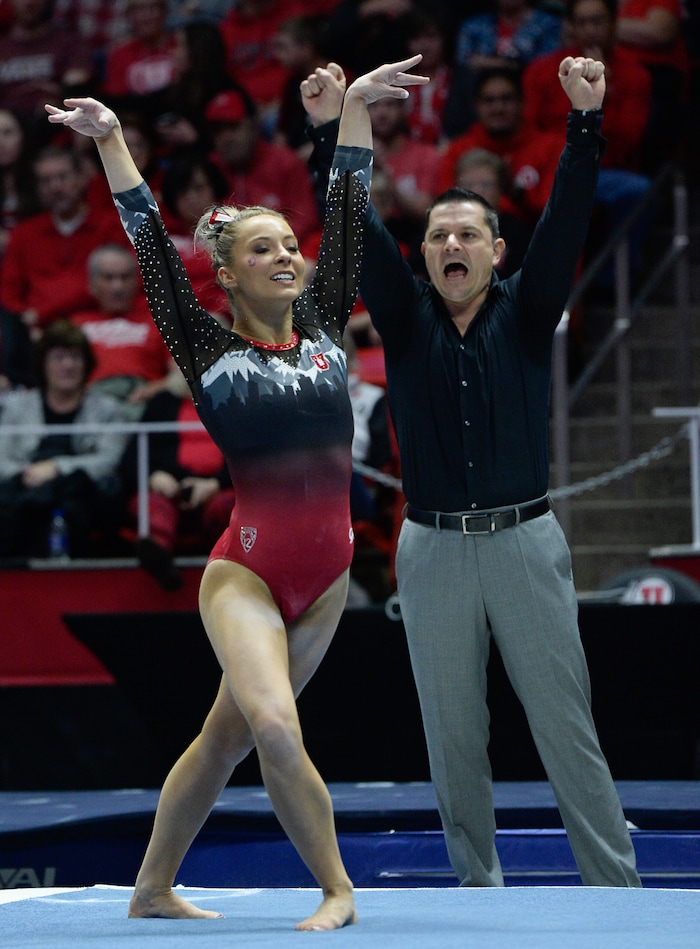 (Francisco Kjolseth  |  The Salt Lake Tribune)  MyKayla Skinner performs her floor routine as Utah hosts Penn State in their season opener at the Huntsman Center in Salt Lake City on Saturday, Jan. 5, 2019.