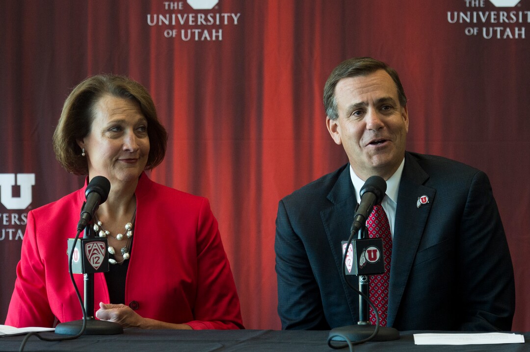 (Rick Egan  |  The Salt Lake Tribune)   University of Utah President Ruth V. Watkins introduces Mark Harlan as the new athletic director, during a news conference at the Rice-Eccles Stadium,  Monday, June 4, 2018.