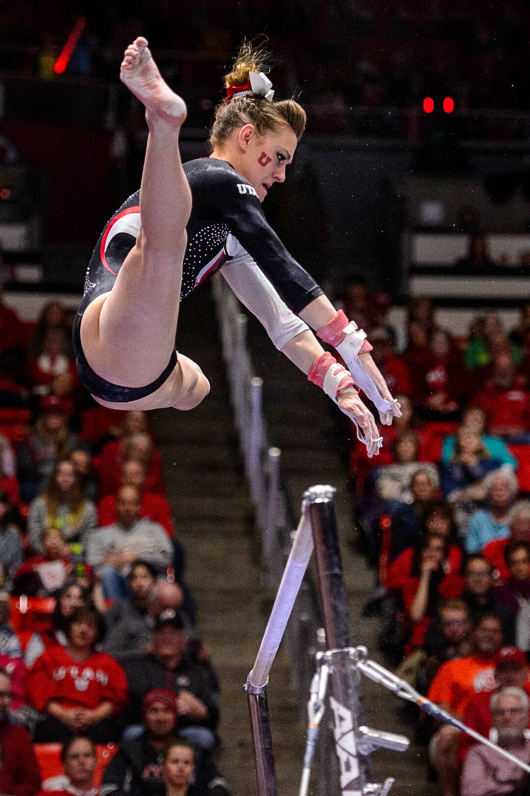 Trent Nelson  |  The Salt Lake TribuneUtah's Tiffani Lewis competes on the bars as the University of Utah hosts Arizona, NCAA gymnastics at the Huntsman Center in Salt Lake City, Monday February 1, 2016.