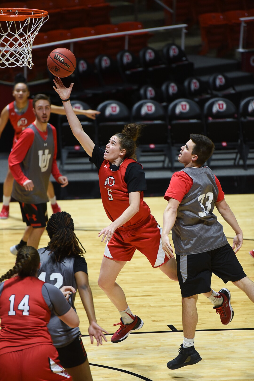 (Francisco Kjolseth  |  The Salt Lake Tribune)  Megan Huff lays one up as the Utah women's basketball team practices at the Jon Huntsman Center on Wed. Jan. 2, 2019, as they prepare for their next game on Friday. The team guided by coach Lynne Roberts has them rolling 12-0, in one of the best starts in program history.