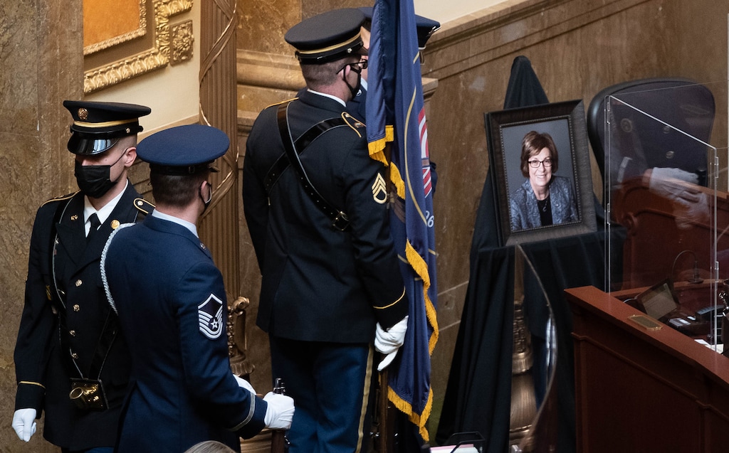 (Francisco Kjolseth  | The Salt Lake Tribune) Former Rep. Lawanna “Lou” Shurtliff, D-Ogden, who passed away Dec. 2020, is honored in the House of Representatives during the start of the 2021 legislative session at the Capitol in Salt Lake City on Tuesday, Jan. 19, 2021.
