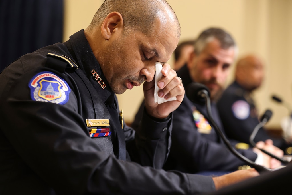 (Oliver Contreras | The New York Times)
U.S. Capitol Police Sgt. Aquilino Gonell pauses during his testimony at the first hearing of the select committee investigating the deadly storming of the Capitol, in Washington on Tuesday, July 27, 2021. "The GOP overwhelmingly stuck with Trump, perpetuating his sick mythology about a day we all saw with our own eyes," writes The New York Times opinion columnist Maureen Dowd.
