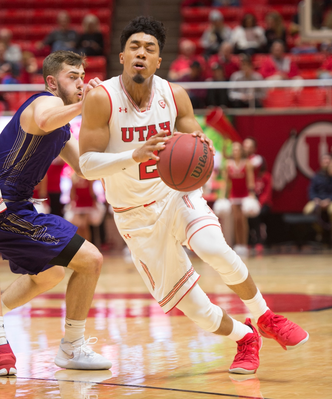 (Rick Egan  |  The Salt Lake Tribune)  Utah Utes guard Sedrick Barefield (2) drives up the middle, in basketball action, between the Utah Utes and the College of Idaho Yotes at the Jon M. Huntsman Center, Thursday, Nov. 1, 2018.