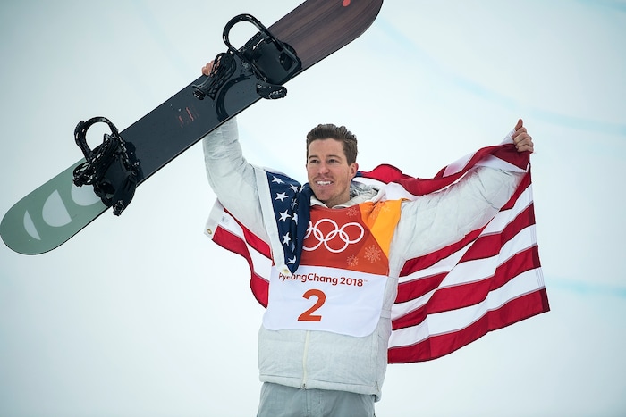 (Chris Detrick  |  The Salt Lake Tribune)  Shaun White celebrates winning gold after his run during the men's halfpipe finals at Phoenix Snow Park during the Pyeongchang 2018 Winter Olympics Wednesday, Feb. 14, 2018.  White won the event with a 97.75, his third Olympic gold medal in the halfpipe (2006, 2010, 2018).