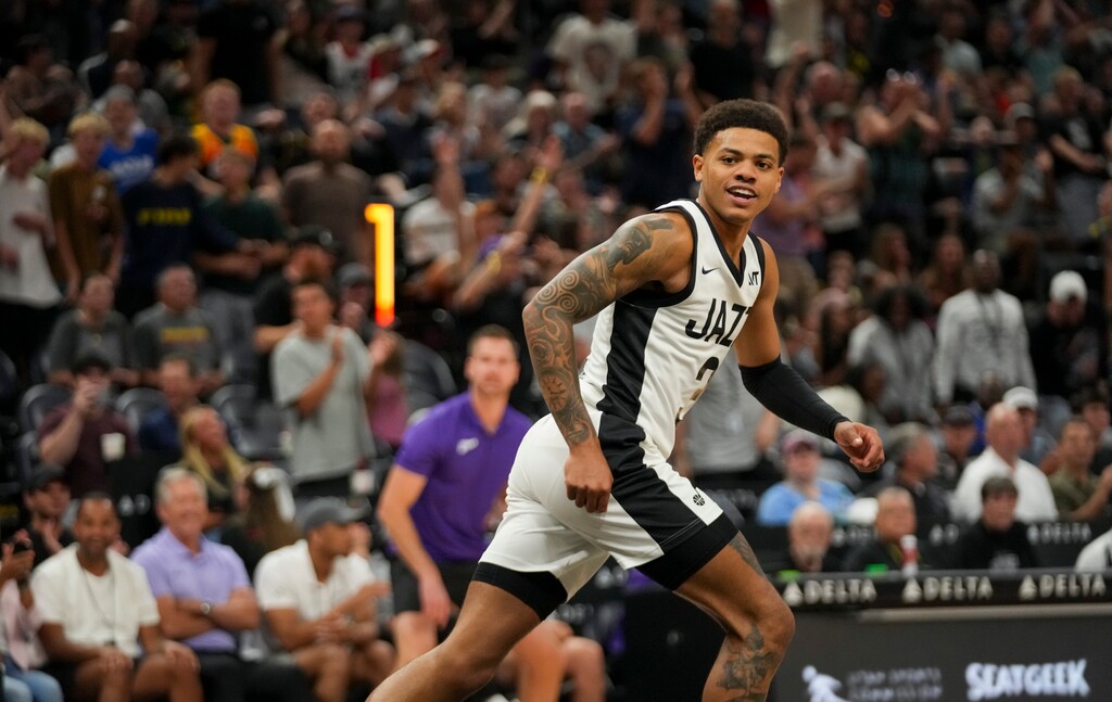 (Bethany Baker | The Salt Lake Tribune) Utah Jazz guard Keyonte George (3) runs down the court during the game at the Delta Center during the Salt Lake City Summer League in Salt Lake City on Wednesday, July 10, 2024.