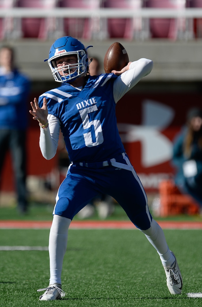 (Francisco Kjolseth  |  The Salt Lake Tribune)  Dixie quarterback Reggie Graff looks for the long pass over Orem in the 4A high school championship game at Rice Eccles Stadium in Salt Lake City, Friday, Nov. 16, 2018.