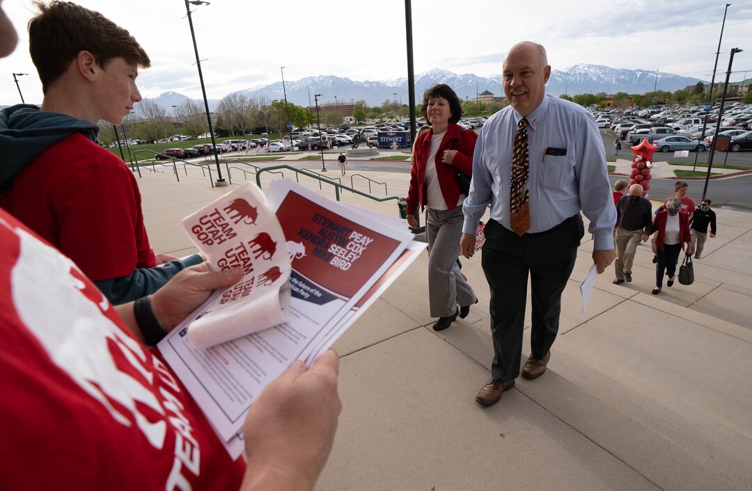 (Francisco Kjolseth | The Salt Lake Tribune) Delegates attend the Utah Republican Party’s 2021 Organizing Convention at the Maverik Center in West Valley City on Saturday, May 1, 2021, as they return to an in-person format after the pandemic forced the nominating convention to go online last year.