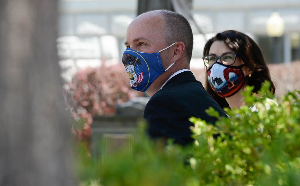 (Francisco Kjolseth  |  The Salt Lake Tribune) Lt. Gov Spencer Cox, joined by his running mate Sen. Deidre Henderson, R-Spanish Fork, hold a press conference at the Utah Capitol on Tuesday, July 7, 2020, following his win in the Republican primary race for Utah governor.