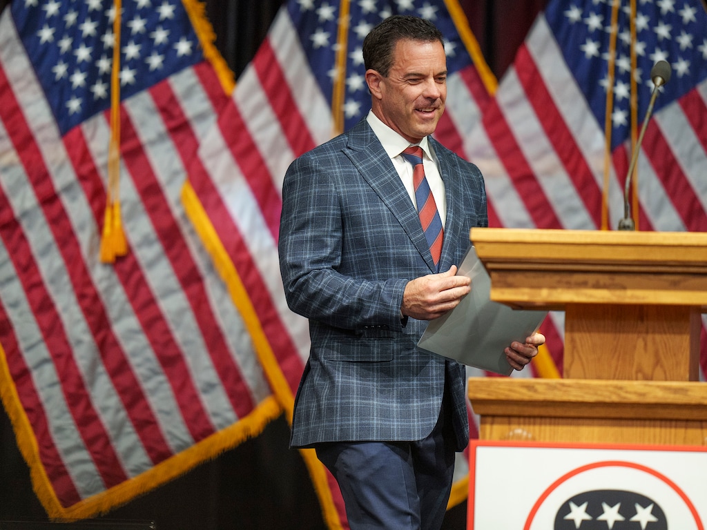 (Leah Hogsten | The Salt Lake Tribune) Utah House Speaker Brad Wilson addresses the Utah Republican Party 2023 Organizing Convention at Utah Valley University's UCCU Center on Saturday, April 22, 2023.