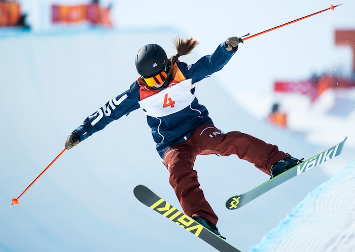 (Chris Detrick  |  The Salt Lake Tribune)  Maddie Bowman of the United States crashes on her final run in the Ladies' Ski Halfpipe Final Run at Phoenix Park during the Pyeongchang 2018 Winter Olympics Tuesday, Feb. 20, 2018. Bowman, the gold medal winner in the 2014 Sochi Olympics, finished in 11th place with a score of 25.80.  