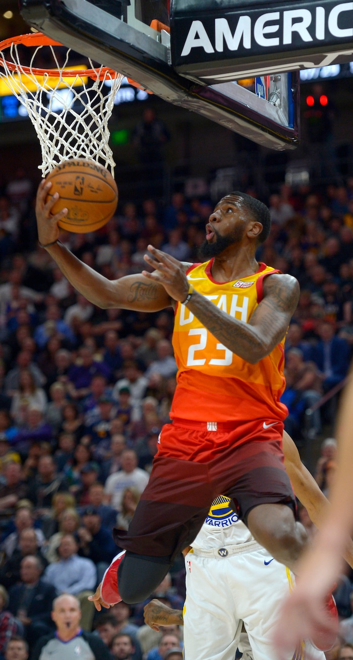 (Steve Griffin  |  The Salt Lake Tribune) Utah Jazz forward Royce O'Neale (23) gets free under the basket during the Utah Jazz versus Golden State Warriors at Vivint Smart Home Arena in Salt Lake City Tuesday January 30, 2018.