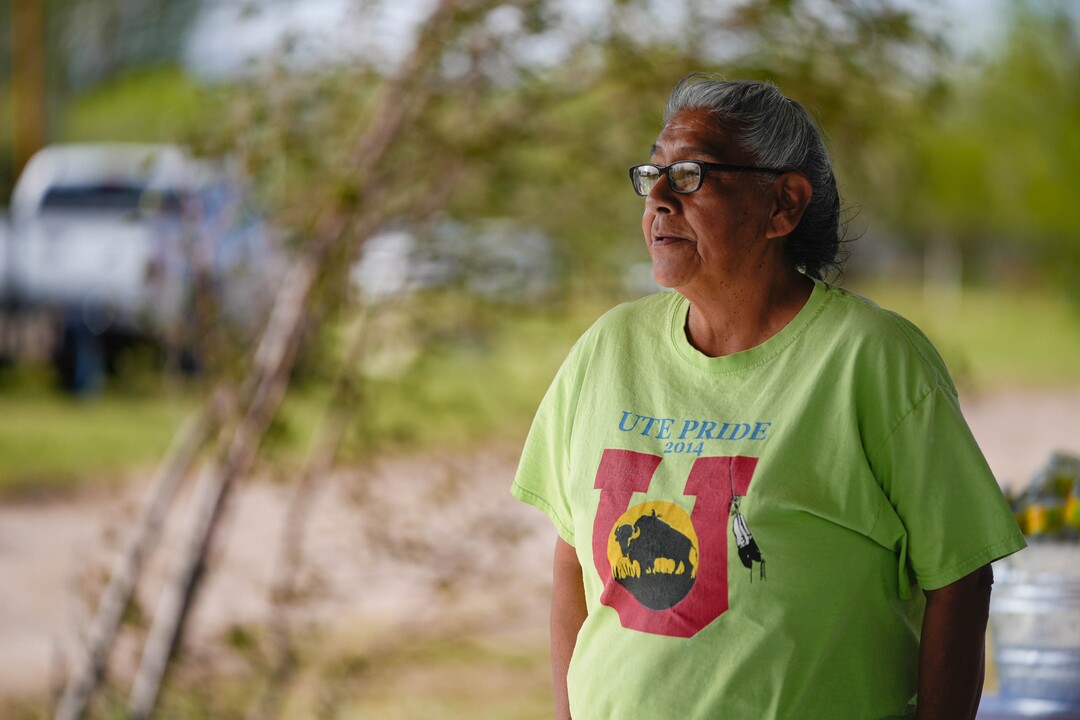 (Francisco Kjolseth | The Salt Lake Tribune) OnaLisa Ridley, 56, who became one of the youngest students to attend the Uintah Boarding School in Whiterocks, Utah, remembers teachers forcing her to wear a heavy cone on her head if she spoke her Native language or practiced her culture. Ridley was one of the many people who attended the Bear Dance for the first time in 20 years in the small town within the Ute Reservation.